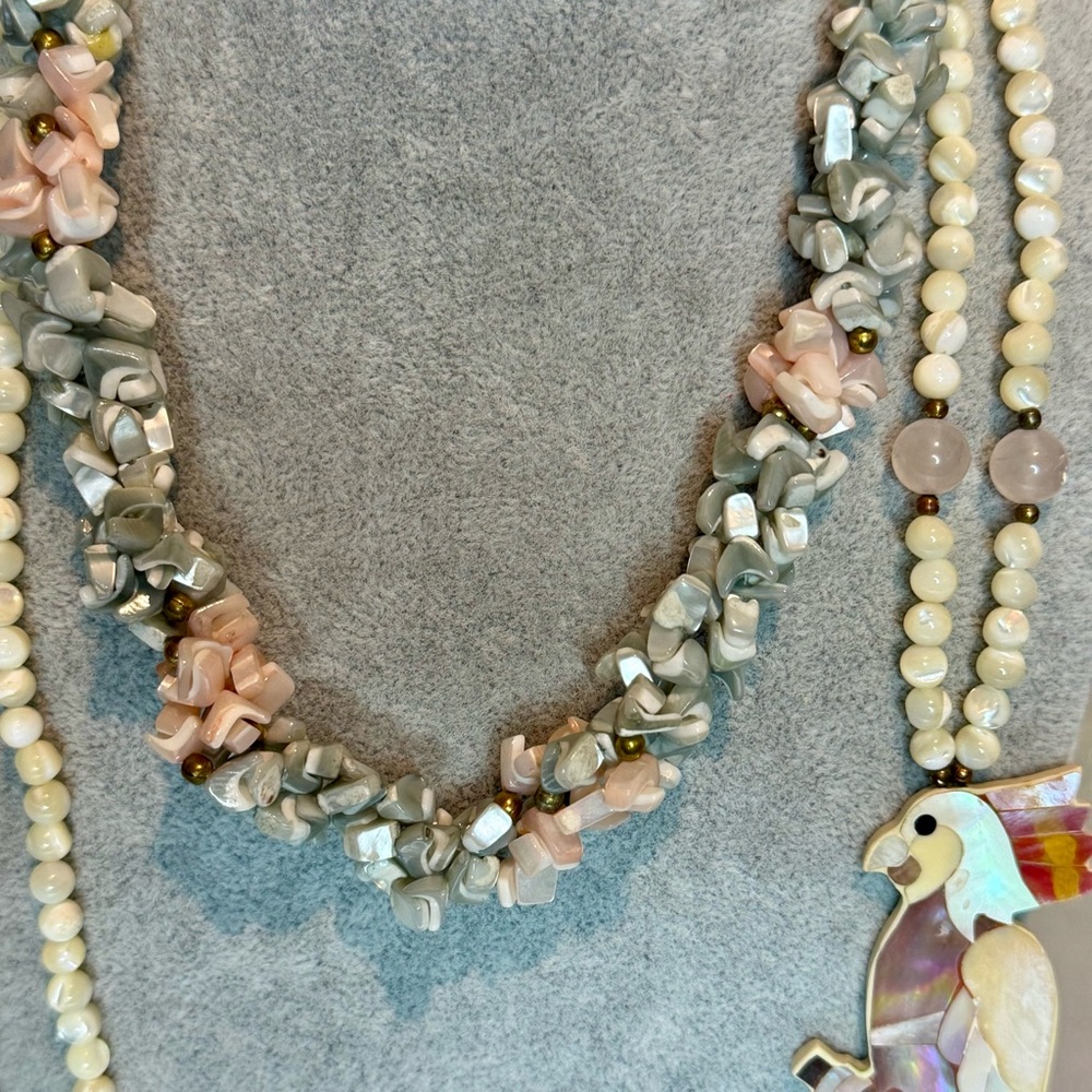 Vintage Cockatiel Mother Of Pearl & Rose Quartz Beaded Necklace 26” & Choker - Picture 4 of 7